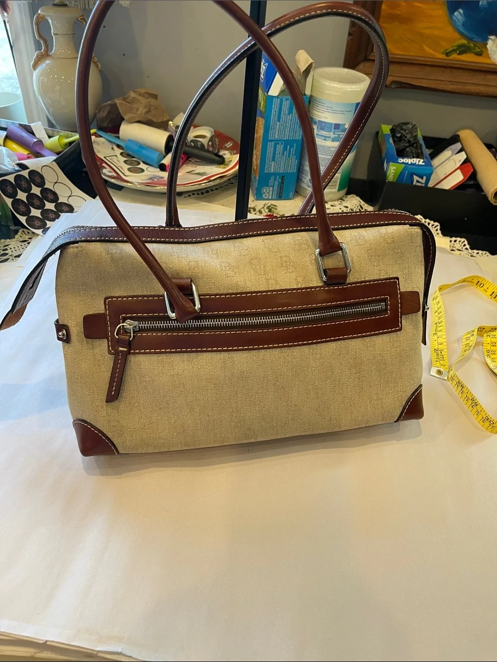 DOONEY & BOURKE MONOGRAM CANVAS LEATHER SATCHEL PURSE HANDBAG